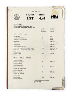 Faltblatt, Saurer–Berna 4,5 T 4x4 Betriebsstoffe und Schmierplan