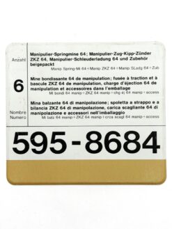 Etikett Manipulier-Springmine 64; Manipulier-Zug-Kipp-Zünder ZKZ 64, Manipulier-Schleuderladung 64 und Zubehör beigepackt, 6 Minen