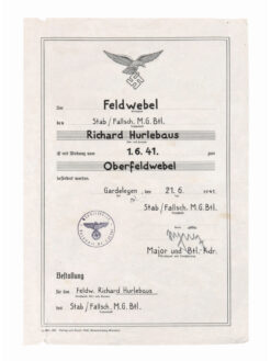 Beförderungsurkunde, Luftwaffe, Feldwebel zum Oberfeldwebel, Stab / Fallsch. M.G. Btl.