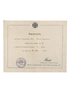 Urkunde, Eisernes Kreuz I. Klasse
